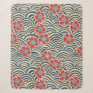 Cobertor Sherpa Padrão Japonês Creme Onda Marinha Sakura Vermelha