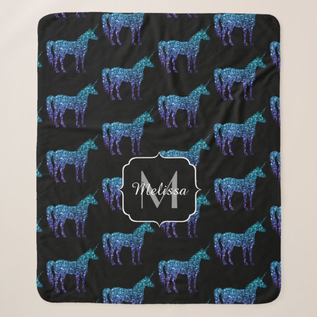 Cobertor Sherpa Padrão ombre azul aqua brilho de unicórnio Monogra (Frente)