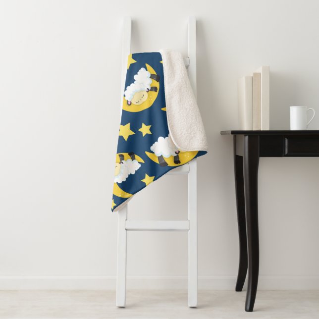 Cobertor Sherpa Padrão Ovino, Ovelhas Dormindo, Lua, Estrelas (In Situ)