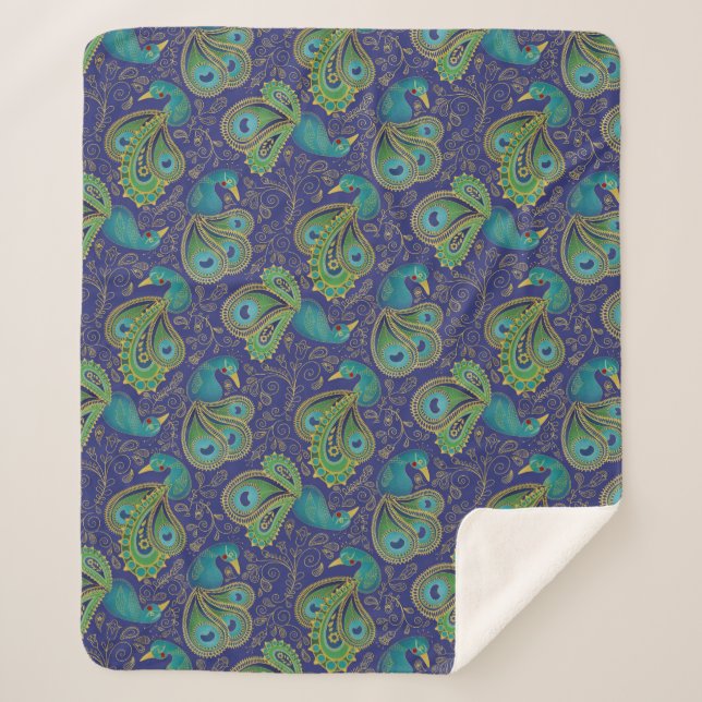 Cobertor Sherpa Padrão Paisley de Pavão Azul (Frente)