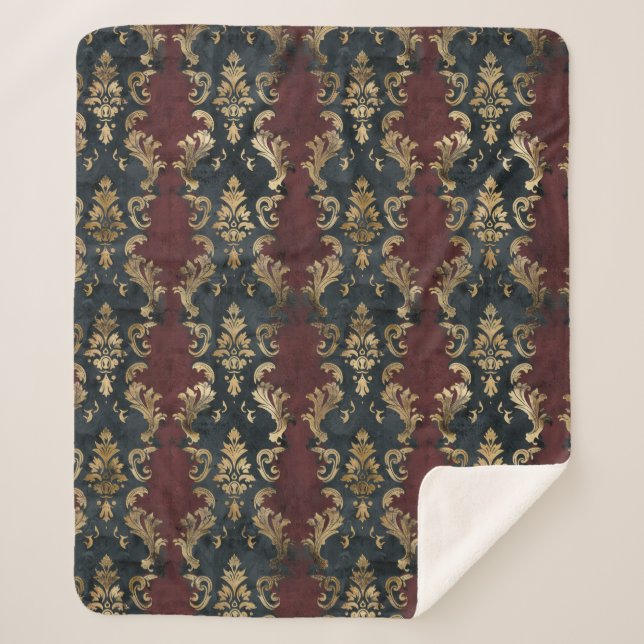 Cobertor Sherpa Padrão Persa Dourado Damask Noir (1) (Frente)