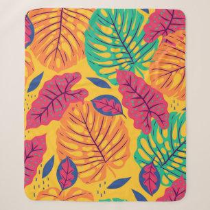 Cobertor Sherpa Padrão sem costura com folhas tropicais em amarel