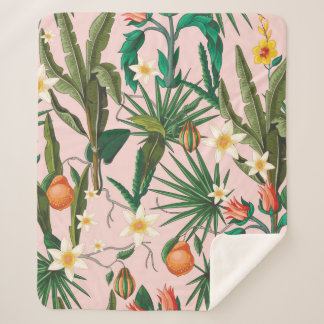 Cobertor Sherpa Padrão sem costura com folhas tropicais, flores e 