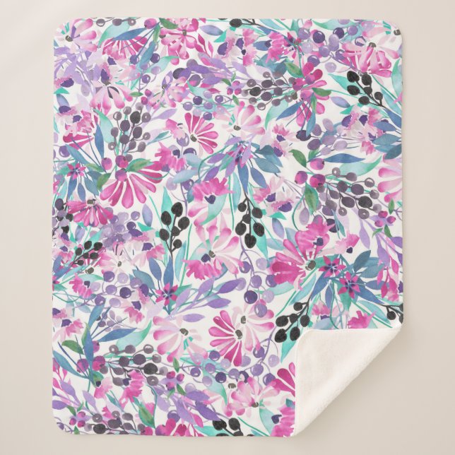 Cobertor Sherpa Padrão sem costura de flores e bagas roxas,blu (Frente)