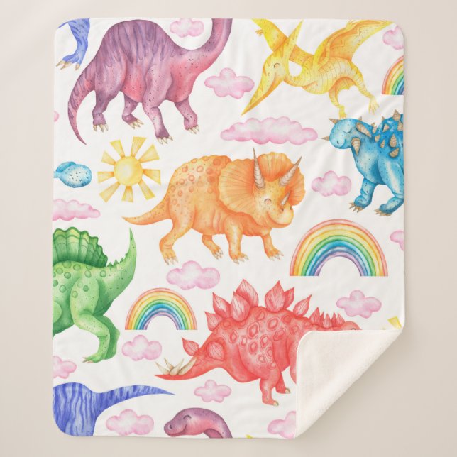 Cobertor Sherpa Padrão sem costura mostrando dinossauros coloridos (Frente)