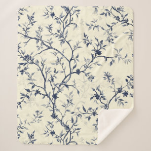 Cobertor Sherpa Padrão Toile Floral Vintage Azul (1)