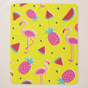 Cobertor Sherpa padrão tropical com abacaxi rosa, flamingos, w
