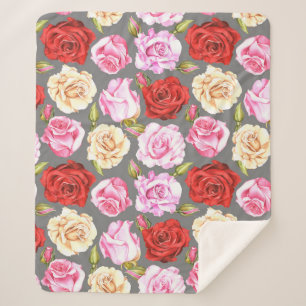 Cobertor Sherpa Padrão uniforme de aquarela com rosas. Sem costura
