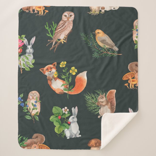 Cobertor Sherpa Padrão uniforme desenhado à mão com floresta aquos (Frente)