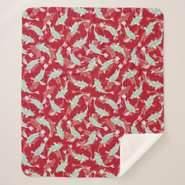 Cobertor Sherpa Padrão Vermelho e Verde - Peixe Koi (Frente)