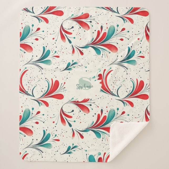 Cobertor Sherpa Padrão Whimsical Blue e Red Paisley Leaf (2) (Frente)