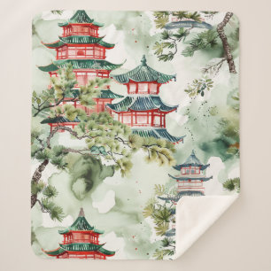 Cobertor Sherpa Pagoda Asiática de Aquarela na Paisagem Verdante (
