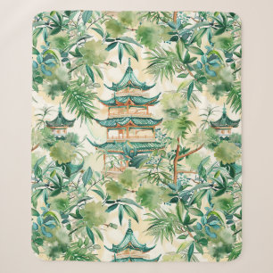 Cobertor Sherpa Pagoda Asiática de Aquarela na Paisagem Verdante (