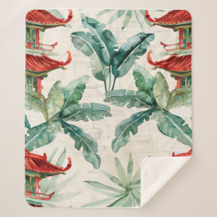 Cobertor Sherpa Pagoda Asiática de Aquarela na Paisagem Verdante (