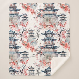 Cobertor Sherpa Pagoda Chinesa Aquarela com Flores de Cereja (4)
