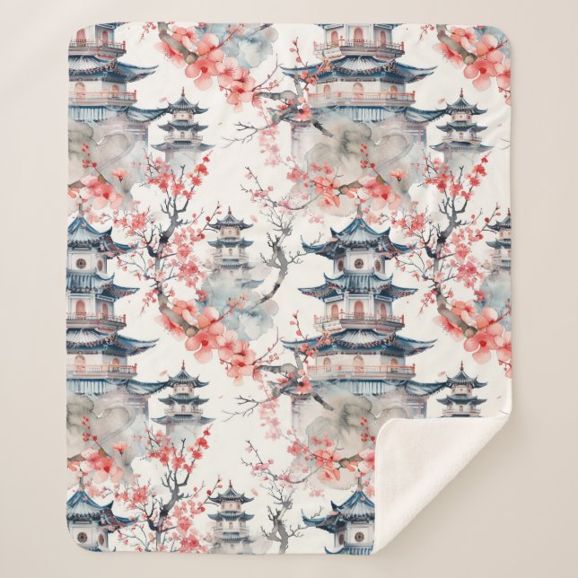 Cobertor Sherpa Pagoda Chinesa Aquarela com Flores de Cereja (4) (Frente)