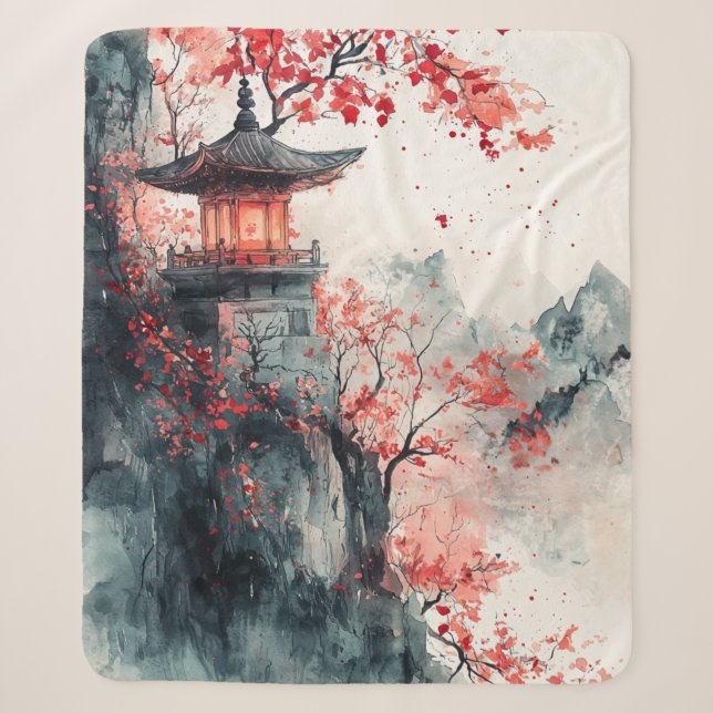 Cobertor Sherpa Pagode da Sakura Carmesim Aquarela (Frente)