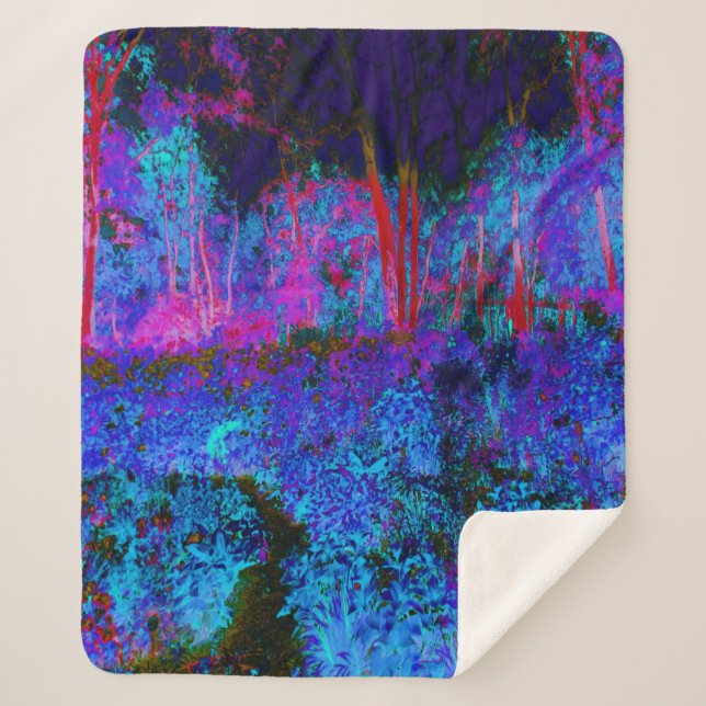 Cobertor Sherpa Paisagem Impressionista Azul Escuro e Jardim Verme (Frente)