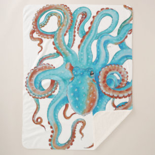 Cobertor Sherpa Pálida Azul Octopus Aquarela