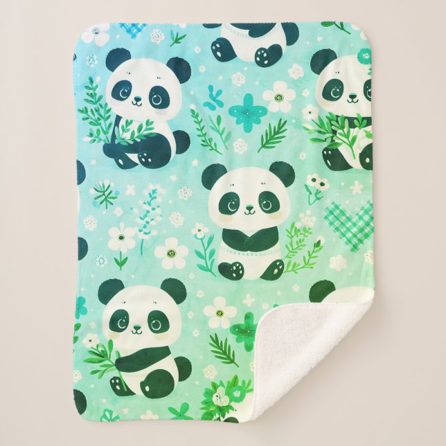 Cobertor Sherpa Panda Bear Pattern Green Impressão (Frente)
