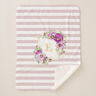 Cobertor Sherpa Pansias de Vintagem Floral Monograma Stripes Roxas