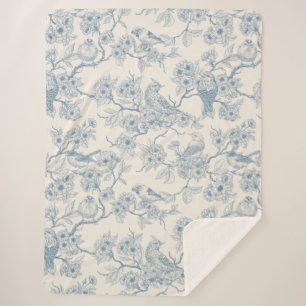 Cobertor Sherpa Pássaros e flor de cerejeira em azul e branco esma