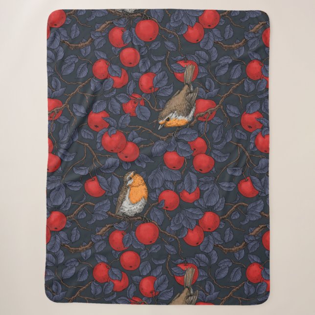 Cobertor Sherpa Pássaros na macieira/azul e vermelho  (Frente)