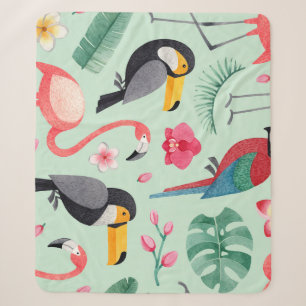 Cobertor Sherpa Pássaros tropicais, flores, padrão de aquarela.
