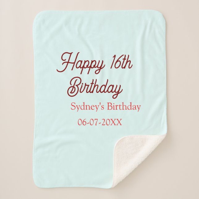 Cobertor Sherpa Pastel blue red happy 16th birthday name date eleg (Frente)