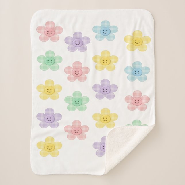 Cobertor Sherpa Pastel Gingham Smiling Flowers Cute Blanket  (Frente)