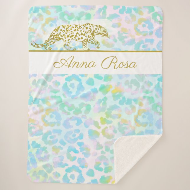 Cobertor Sherpa *~* Pastel Tie Dye Dourado Manchas Leopardo Sherpa (Frente)