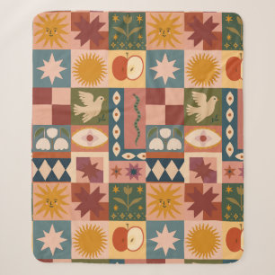Cobertor Sherpa Patchwork celestial boêmica com símbolos místicos