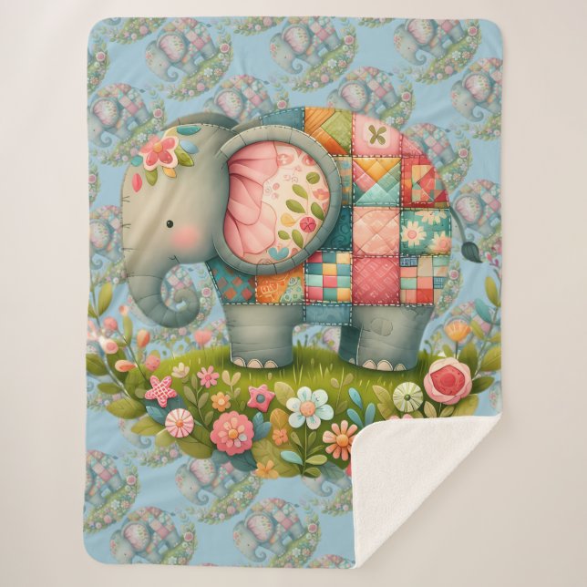 Cobertor Sherpa Patchwork Elephant Floral Meadow Charm (Frente)