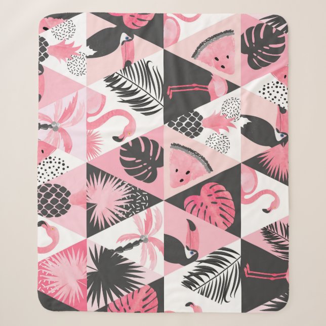 Cobertor Sherpa Patchwork Tropical: Flamingo Watermelon Seamless. (Frente)