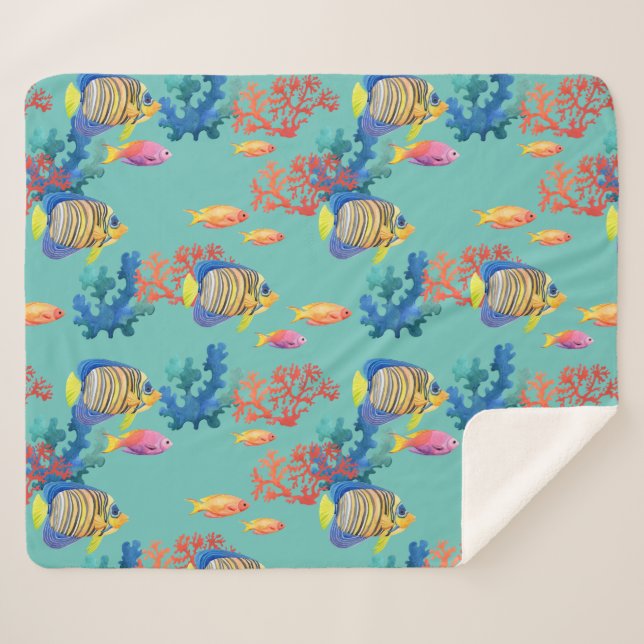 Cobertor Sherpa Peixes Tropicais & Coral (Frente (Horizontal))