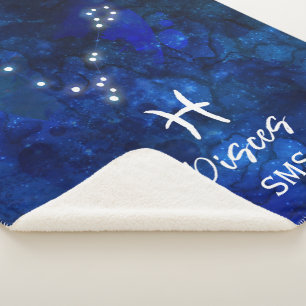 Cobertor Sherpa Peixes Zodiac Constelação Azul Galáxia Monograma