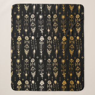 Cobertor Sherpa Penas de ouro texturizadas em estilo tribal. Sem c