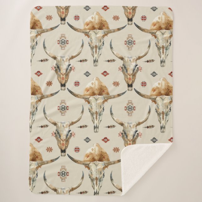 Cobertor Sherpa Penas Nativas Tribais de Creme Brown (Frente)