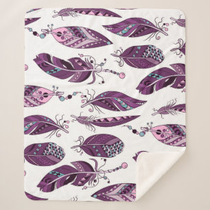 Cobertor Sherpa Penas Púrpuras: Vintage Ornamental Sem Costura.