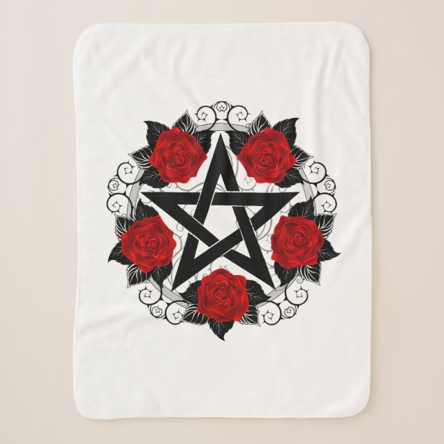 Cobertor Sherpa Pentagrama com Rosas vermelhas (Frente)