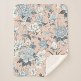Cobertor Sherpa Peônias Azuis Floral Botânico Vintage Pêssego