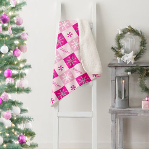 Cobertor Sherpa Peppermintas Rosa Quente e Flocos de Neve Adicione