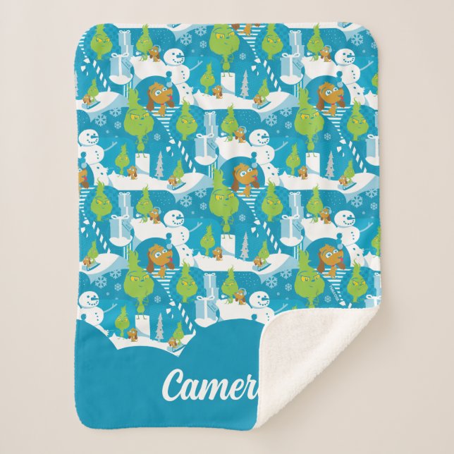 Cobertor Sherpa Pequena Gralha | Padrão Teal De Grinchmas Felizes (Frente)