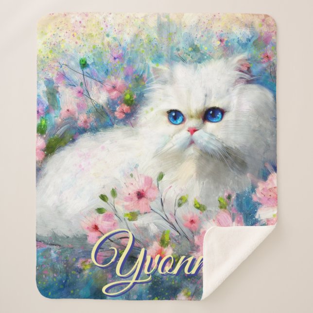Cobertor Sherpa Persian Cat Blue Eyes in Pink Flowers Personalized (Frente)