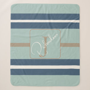 Cobertor Sherpa Personalizado Azul-Mint-Tan Listra Monograma Coste