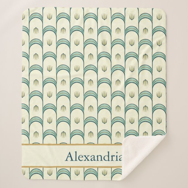 Cobertor Sherpa Personalized Art Deco Teal & Gold Geometric (Frente)