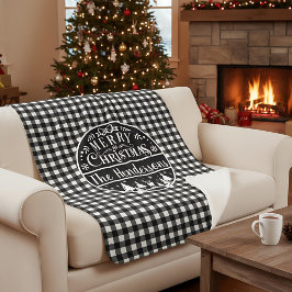 Cobertor Sherpa Personalized Black & White Plaid Merry Christmas