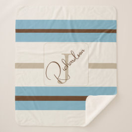 Cobertor Sherpa Personalized Blue Brown Stripe Monogram Coastal