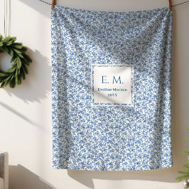 Cobertor Sherpa Personalized Blue Toile Floral Cozy Gift Blanket