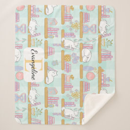 Cobertor Sherpa Personalized Bookish Cat Gift Green Pastel Name